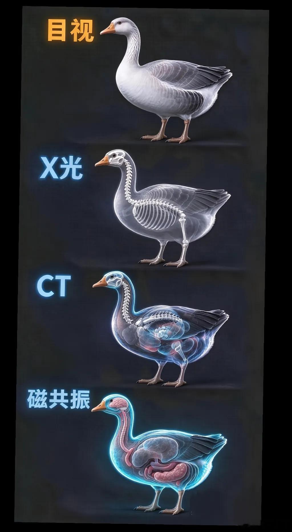 一张图，看懂X光、CT、磁共振的区别。1、第一张目视：就是我们肉眼看到的表面。2