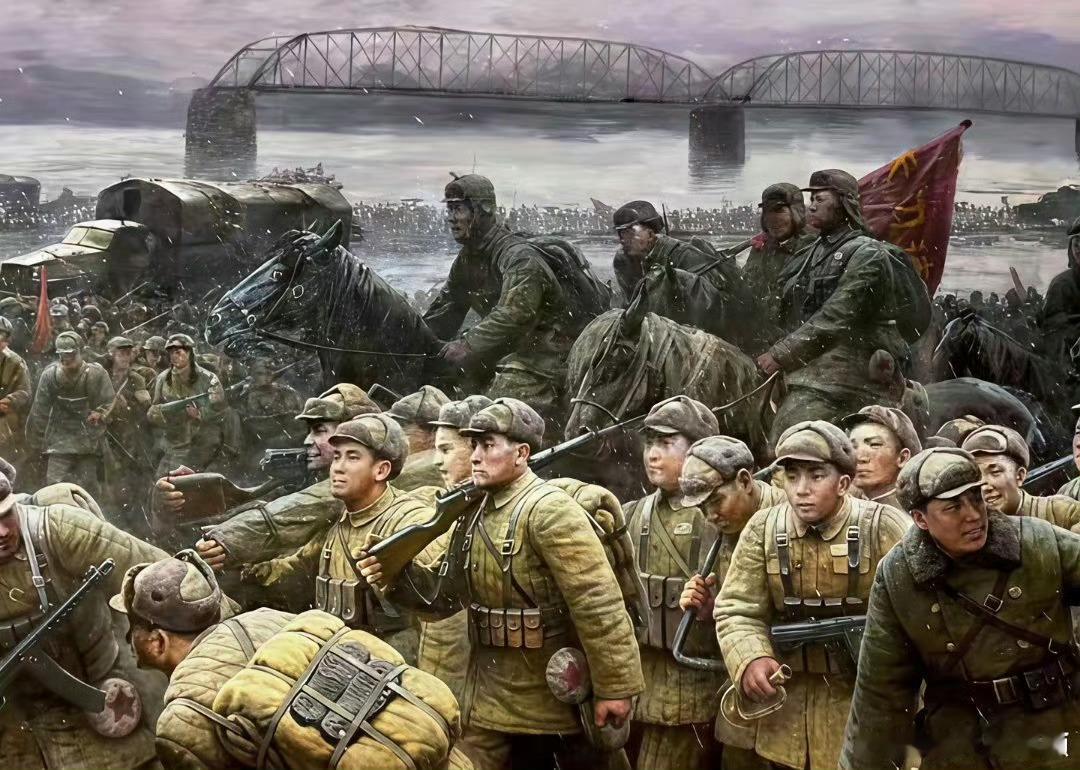 朝鲜画家呈现的志愿军出征场景。不丑化咱。
