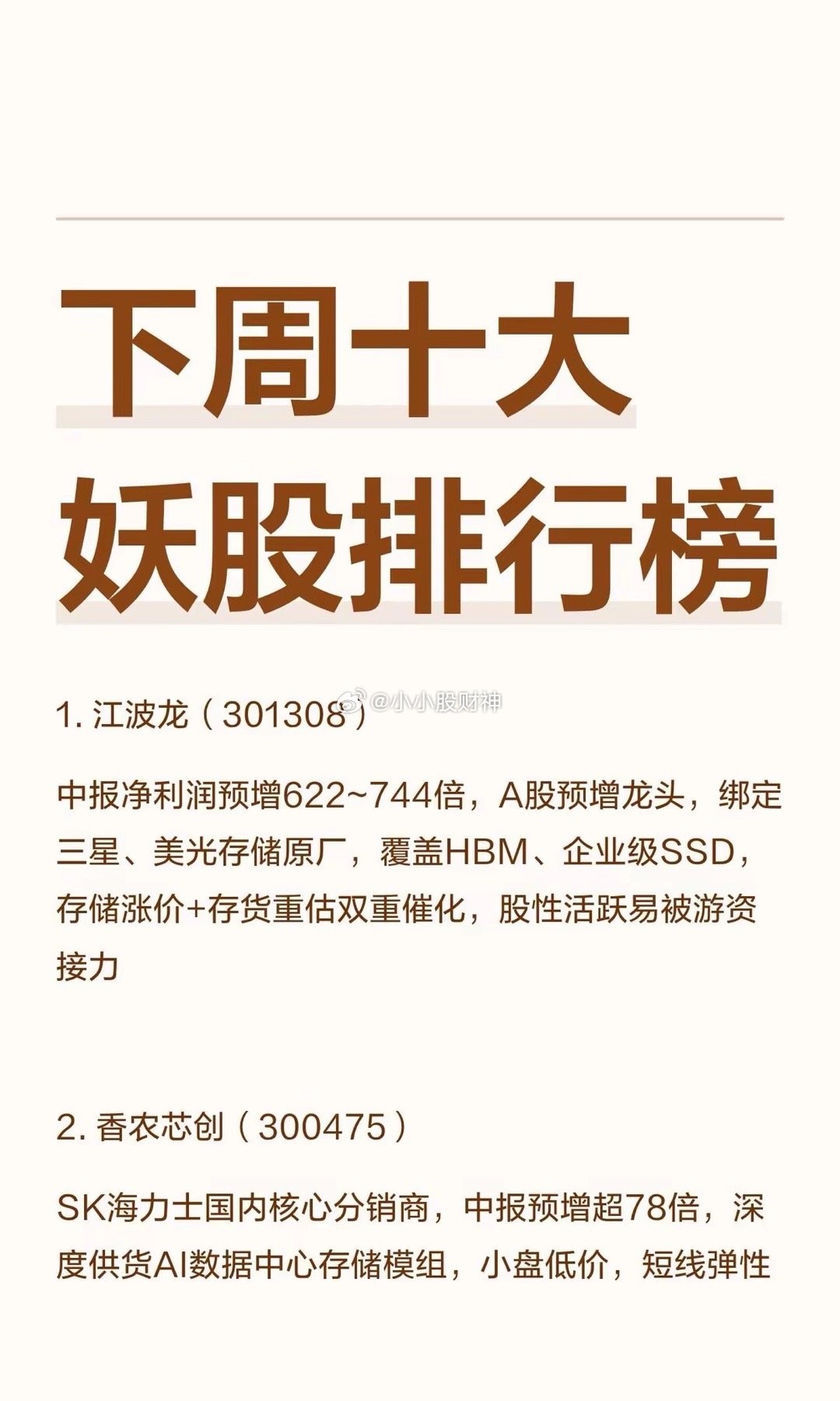 下周十大妖股排行榜1.江波龙（301308）：中报净利润预增622~744倍，