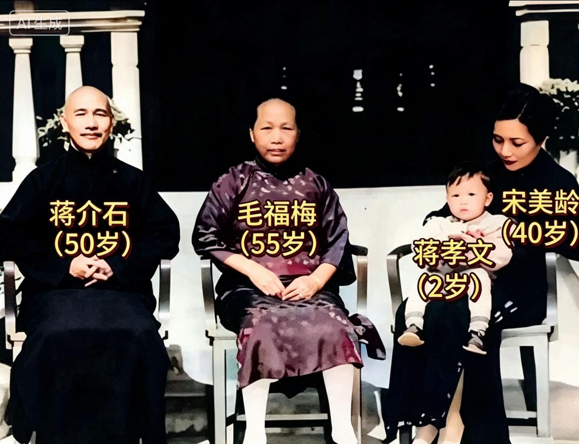 蒋介石与两位夫人毛福梅、宋美龄合影照。1927年与原配毛福梅离婚，但一直喜欢她