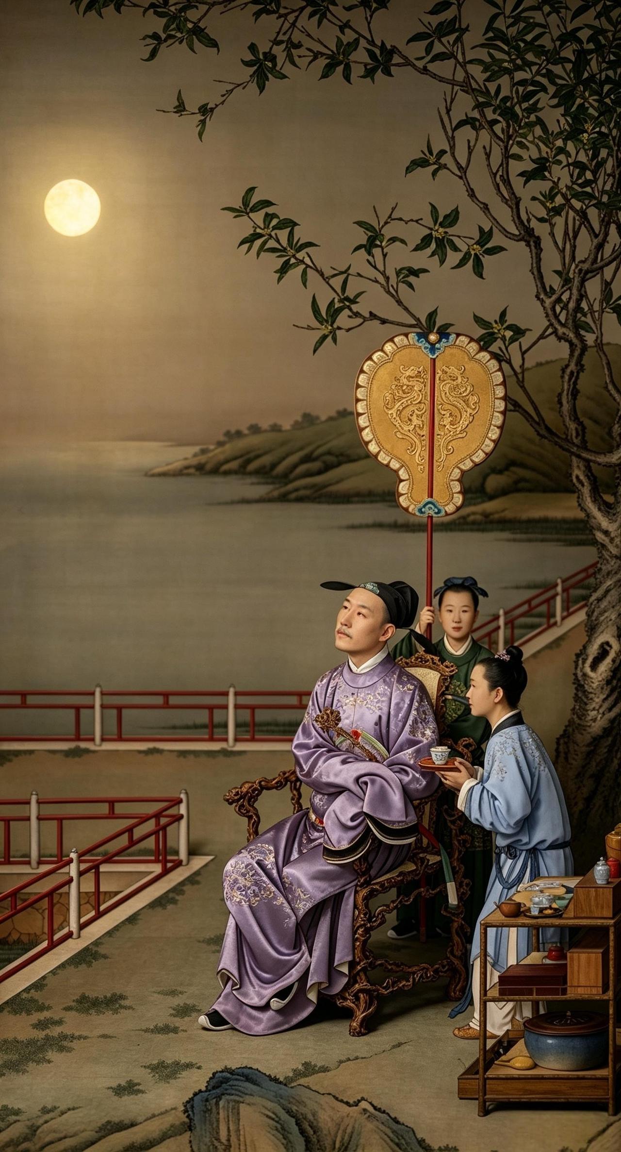 这是中秋之夜，乾隆皇帝在侍从簇拥下临轩赏月，衣冠肃整，仪态雍容。对皇家而言，八月