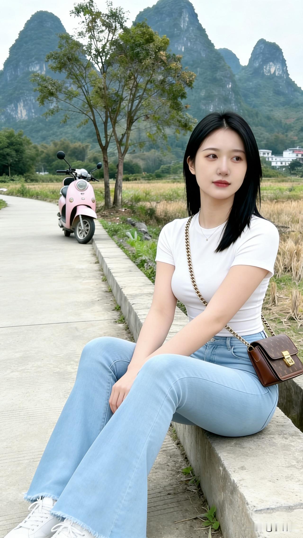 《郊野行吟》峰如黛墨列晴空，田陌风轻翠意融。粉骑斜依村径侧，青衿闲立菜畦东