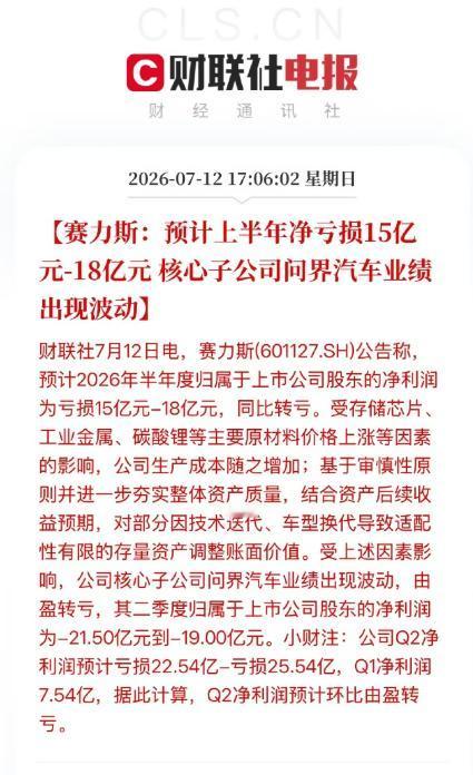 赛力斯半年报预告出来了，上半年归母净亏15-18亿。去年同期可是赚了29.41亿