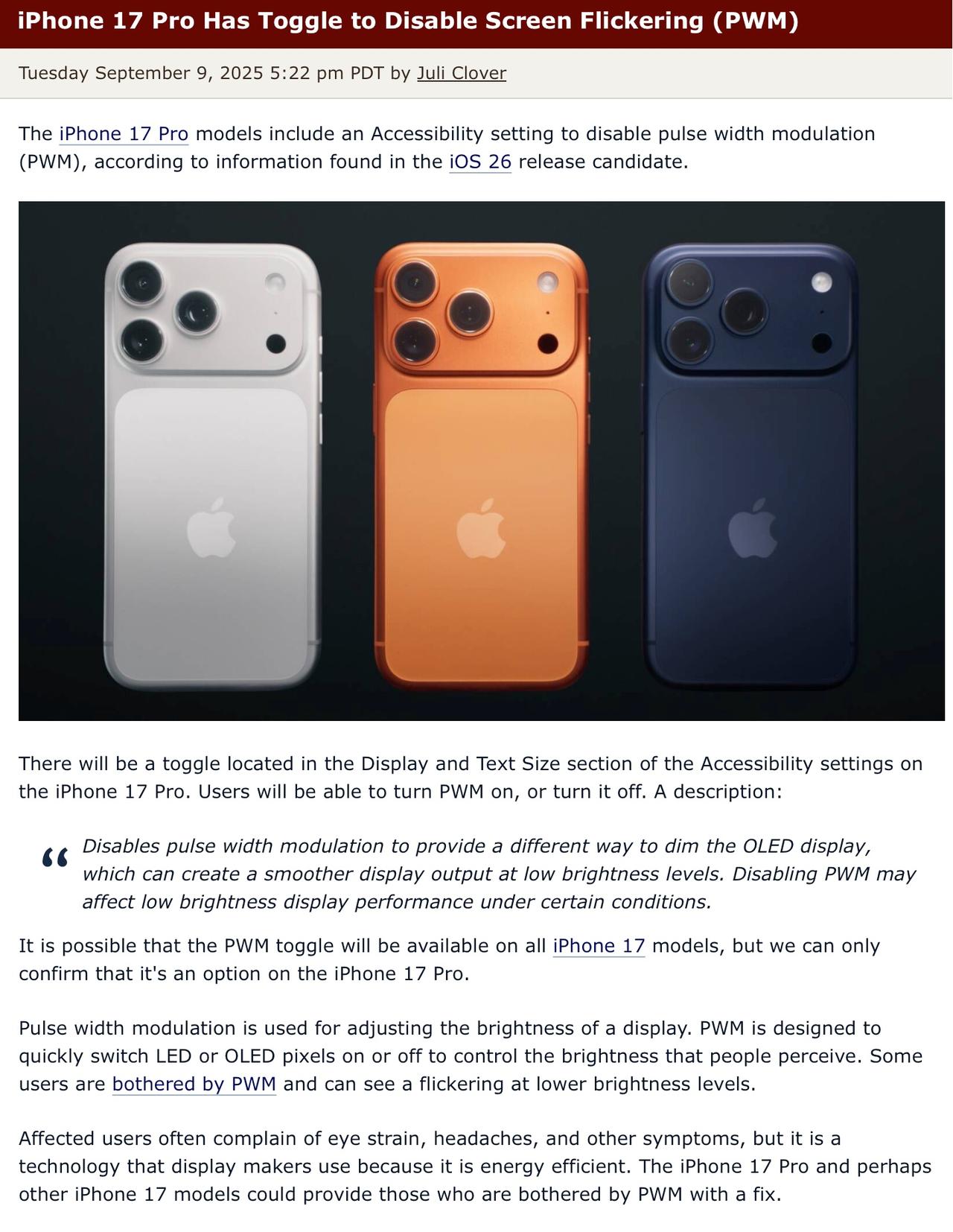 iOS26RC版本中，iPhone17Pro用户可在「显示与文字大小」中开