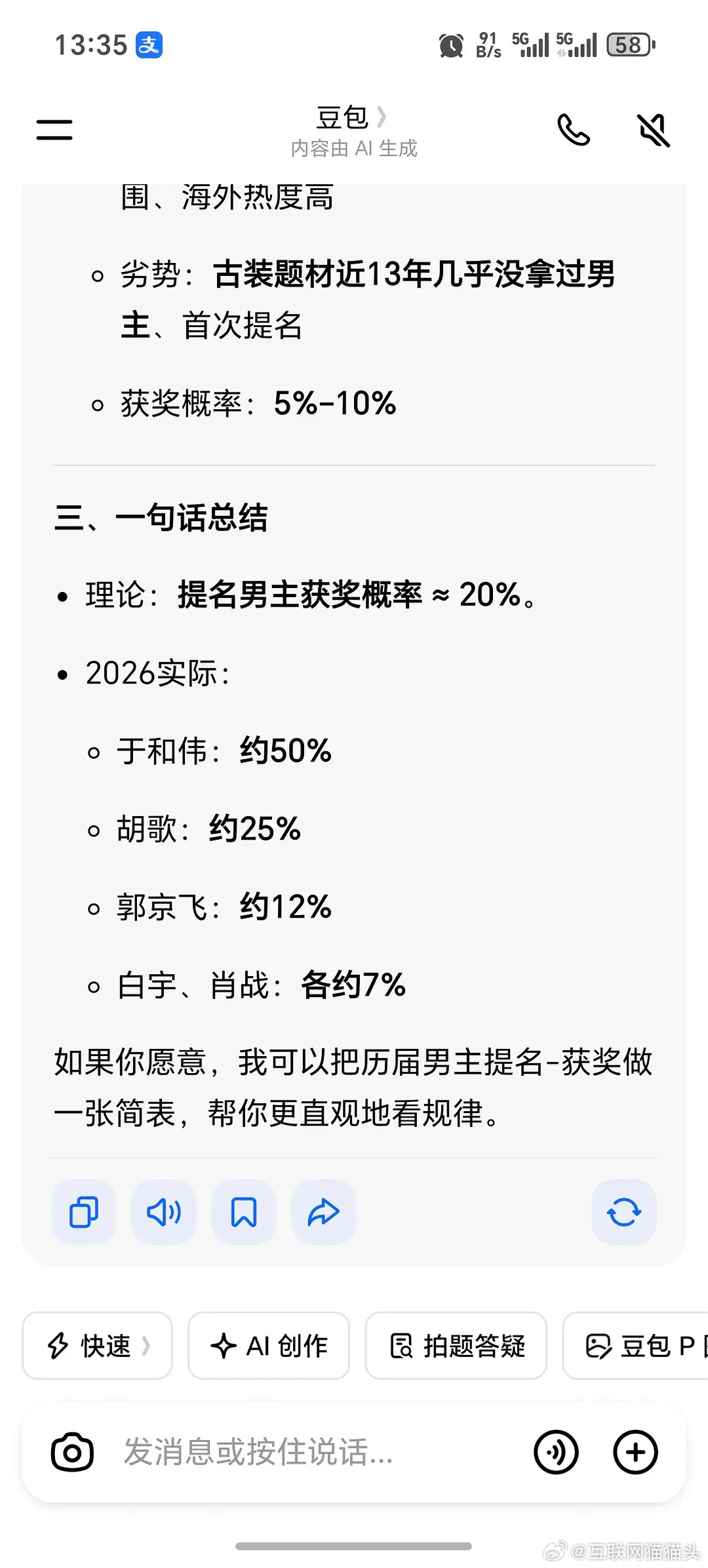 豆包预测拿奖概率：于和伟50%杨紫45%你别说还真有可能