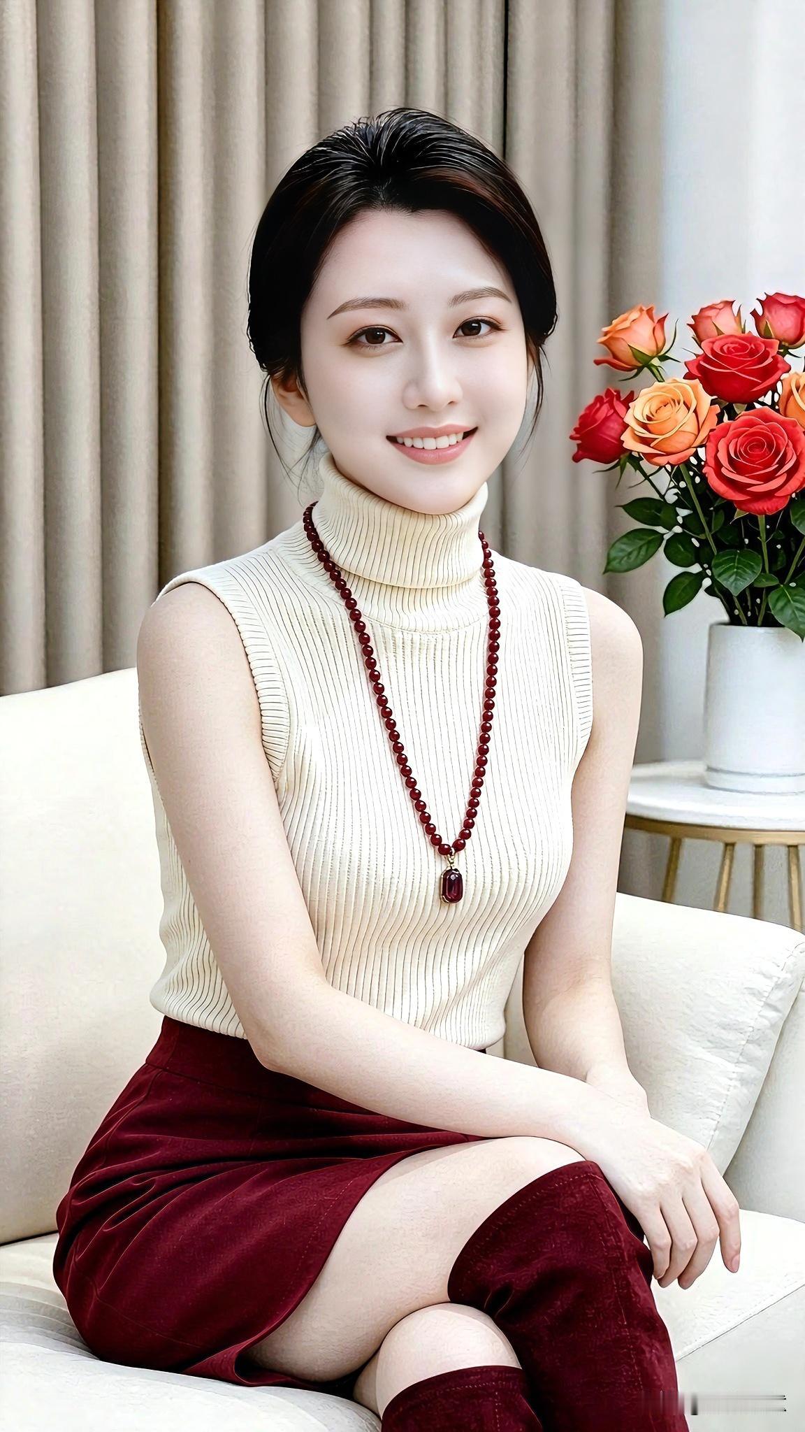这一套配色真的很显气质✨米白无袖高领针织，温柔又利落，酒红色半裙搭配同色系长靴，