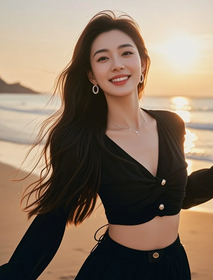 夕阳西下，长发女神伫立海岸，笑容清新，意境悠远