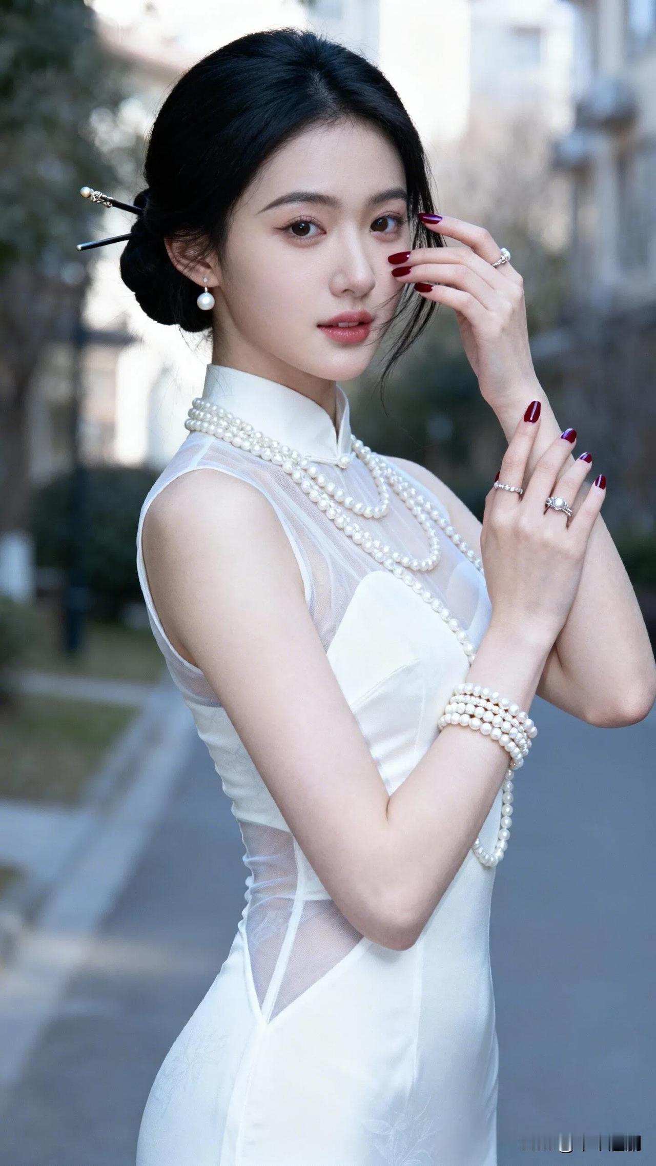 什么样的穿搭可以成为气质女神?这抹白是中式韵致的轻诉——旗袍裹着温婉的线条，珍