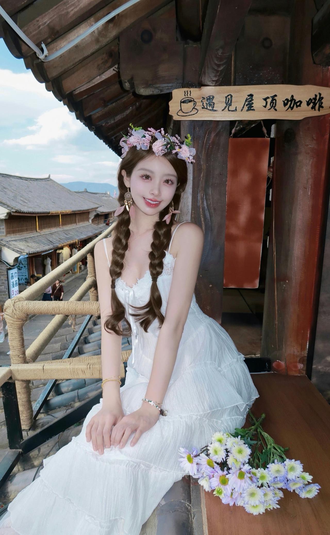 一身白裙，满肩浪漫，风里全是对你的想念，穿搭也到位了，氛围感也直接拉满了，就等你