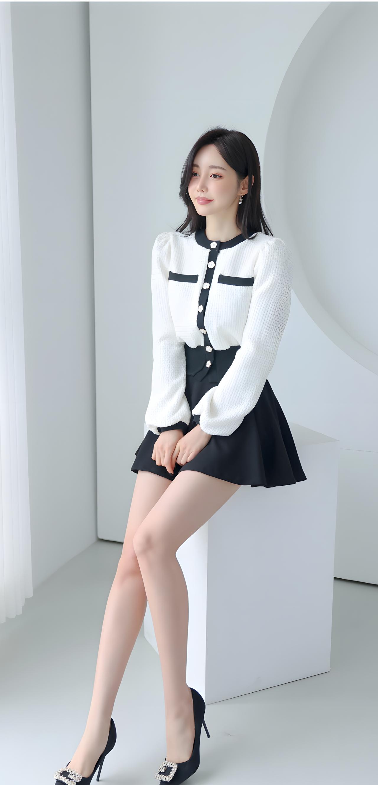 甜美学院风穿搭，黑白撞色毛衣搭配短裙，少女心满满！💕