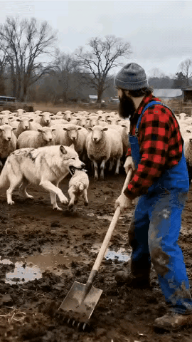 看了这幅动图，有网友发帖称，这是一条混在羊群中的狼，想要叼走一只小羊，被牧羊人发