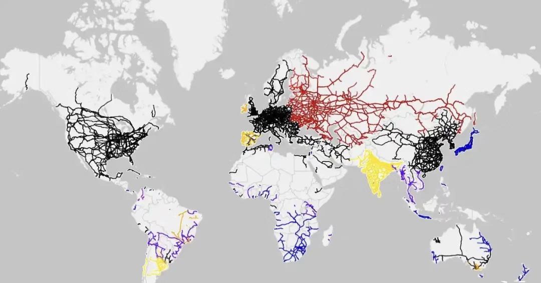 世界铁路地图黑色1435mm轨距（中美欧）红色1520mm轨距（前苏联加蒙古