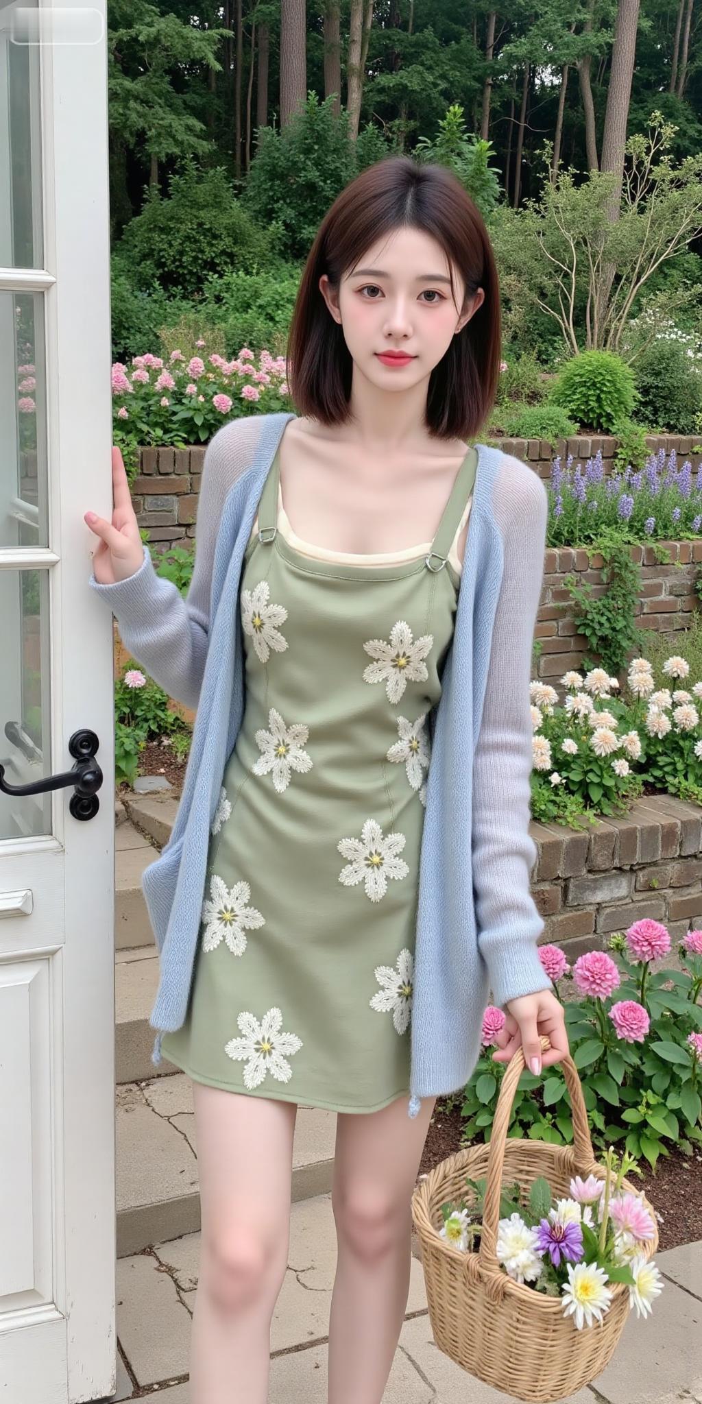 花园门边的清新甜妹好戳薄荷绿碎花裙叠浅黄内搭，罩件淡蓝开衫，像把春日花园穿