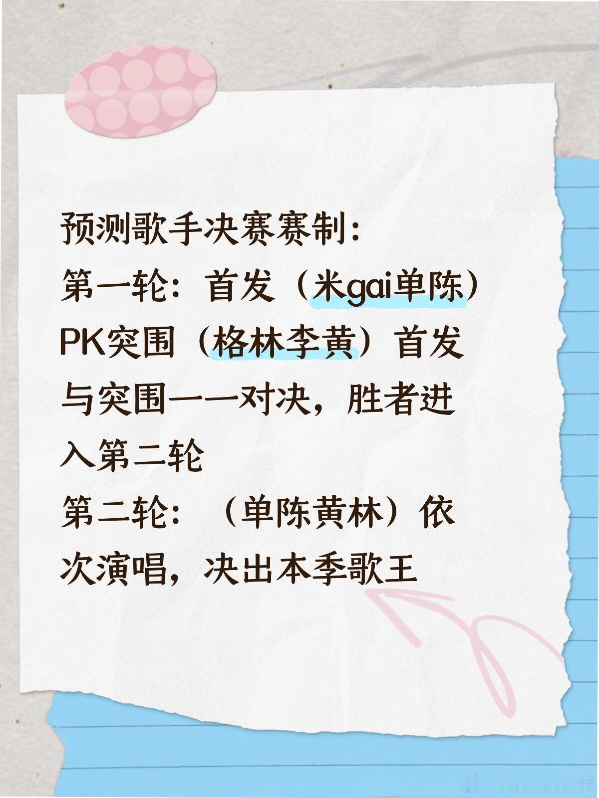 预测歌手决赛赛制：第一轮：首发（米gai单陈）PK突围（格林李黄）首发与突围一一