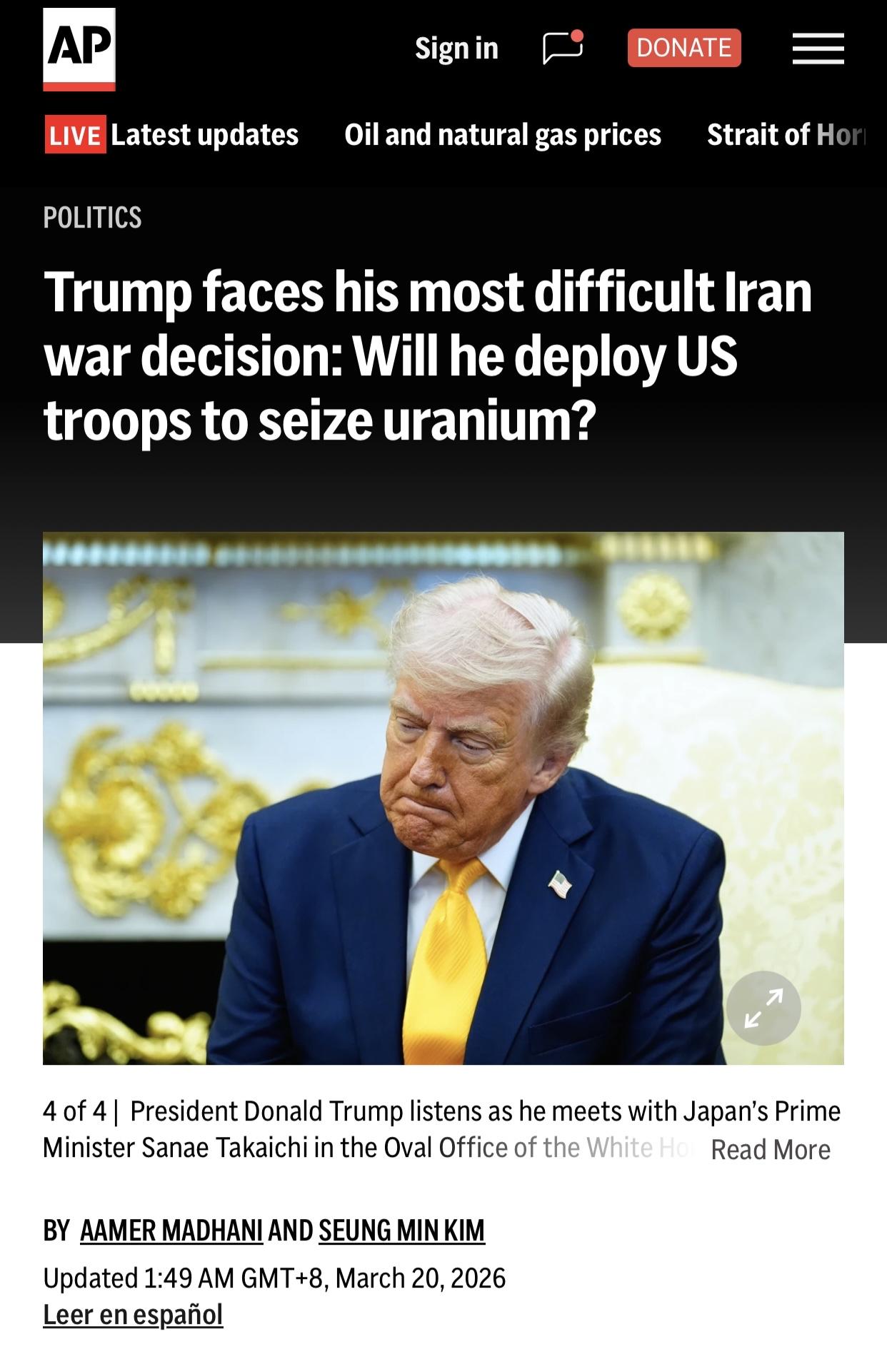 美联社：要不要派兵取回浓缩铀？这是个问题美联社华盛顿3月20日电:特朗普总