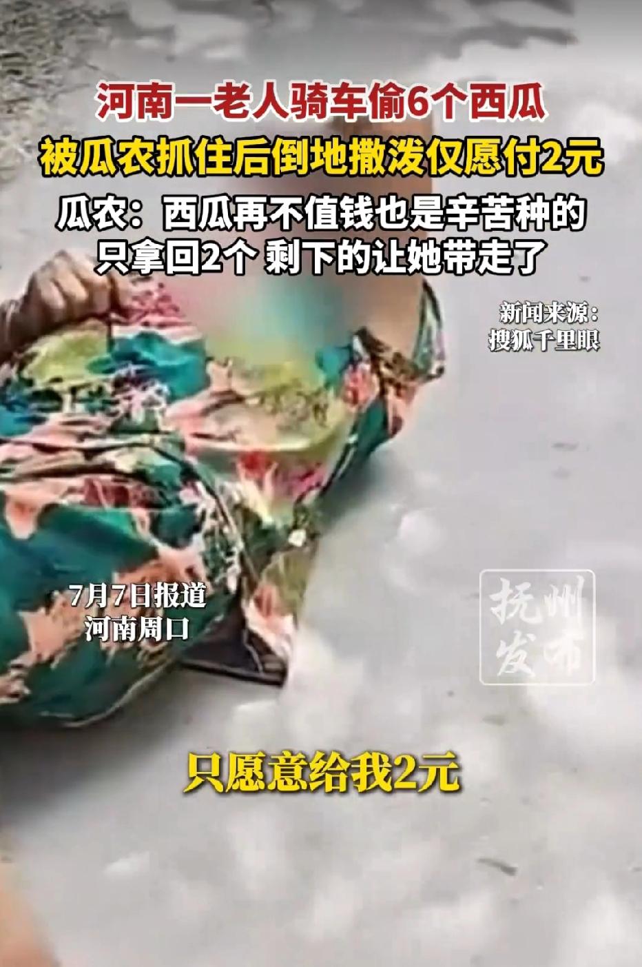 河南周口，老人骑车，偷偷摘走瓜农地里6个西瓜，不料，瓜农发现，立马拦住老人。瓜农