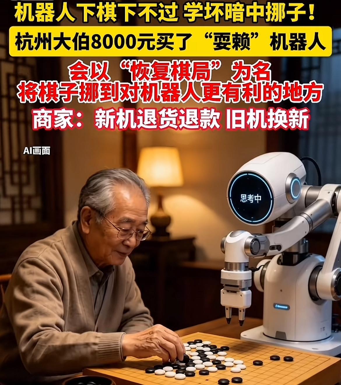 下棋的AI机器人也学会悔棋了[笑着哭]看到了一个新闻，挺好笑的，杭州大爷买了陪