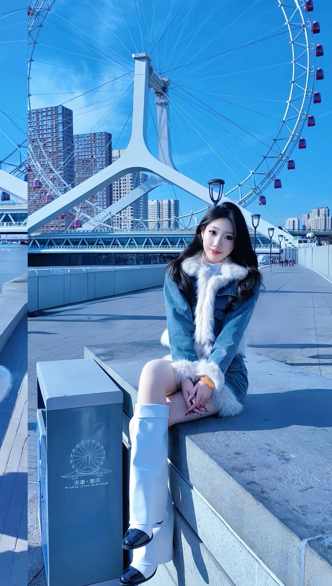 在白天，阳光洒在摩天轮上，金属的光泽闪耀夺目，从远处眺望，它就像一个巨大的银色光