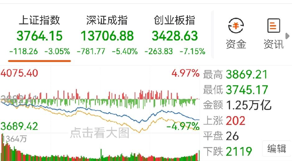 今天上证指数上下震幅达138点，下跌118点，全天呈现下挫走势，创业板指更是大跌