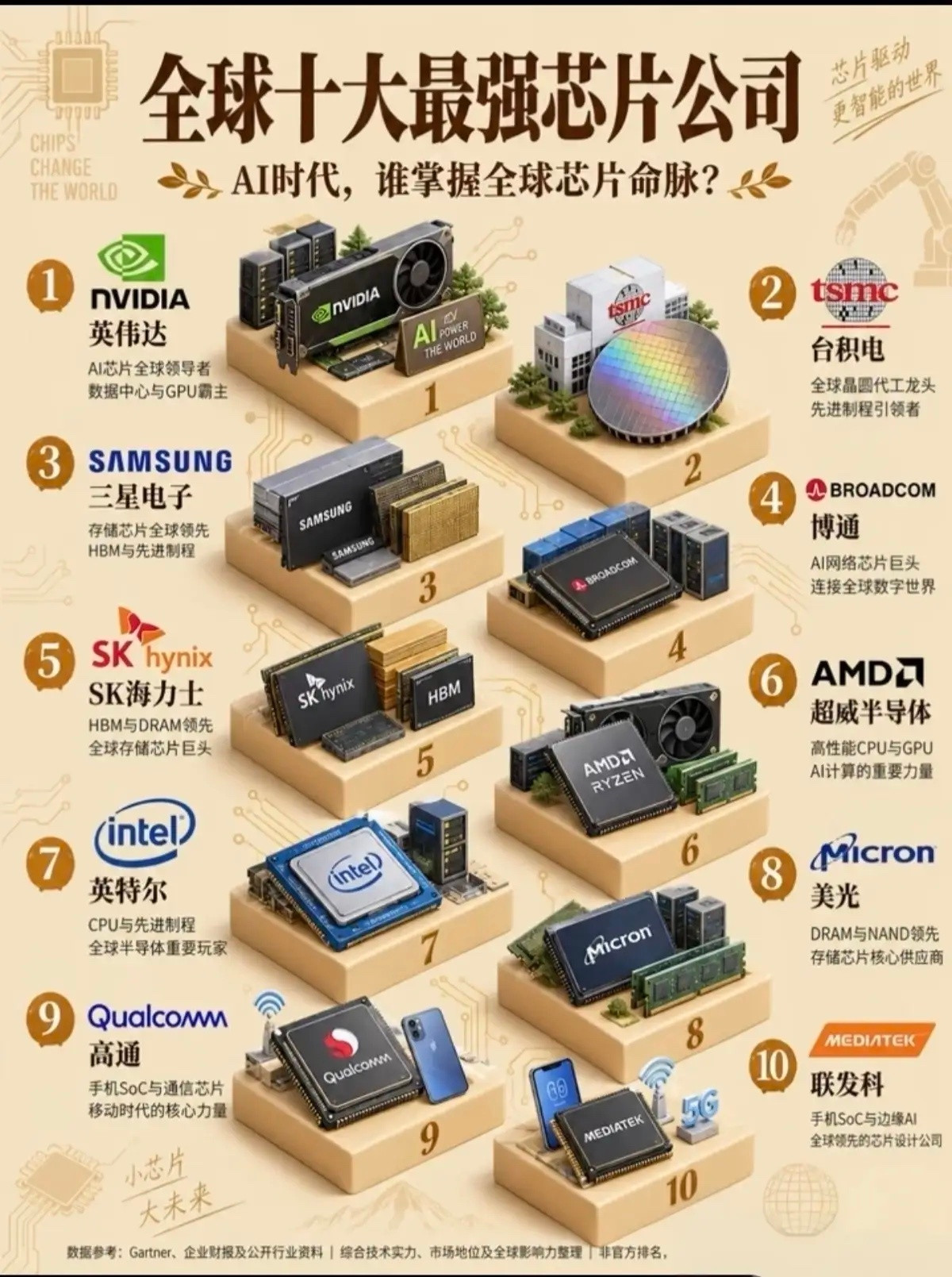 全球十大最强芯片公司｜图片通俗解读主题：AI时代，谁掌握全球芯片命脉1. ①英伟达NVIDIAAI芯