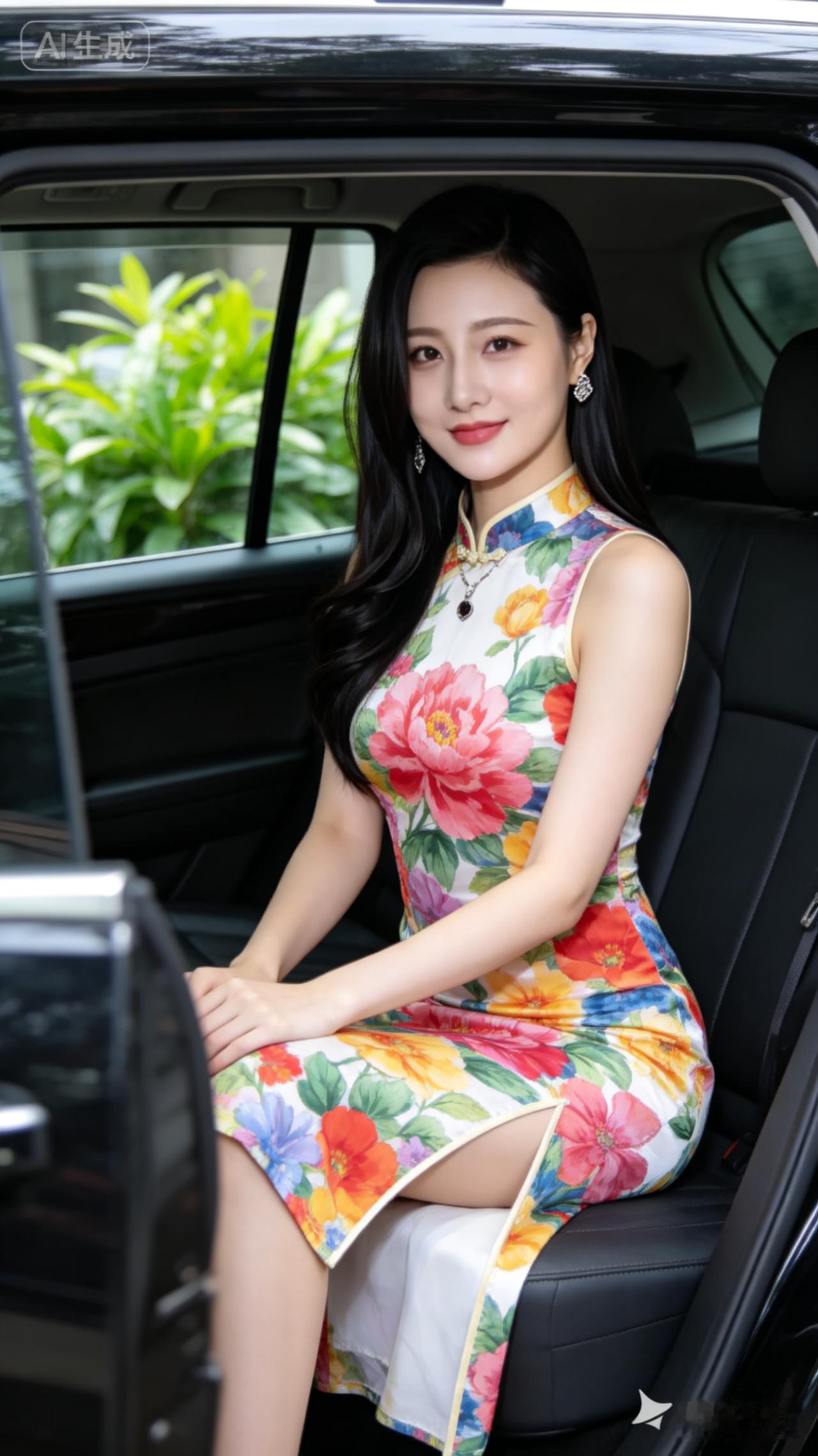 这位女士穿着花旗袍坐在车里。