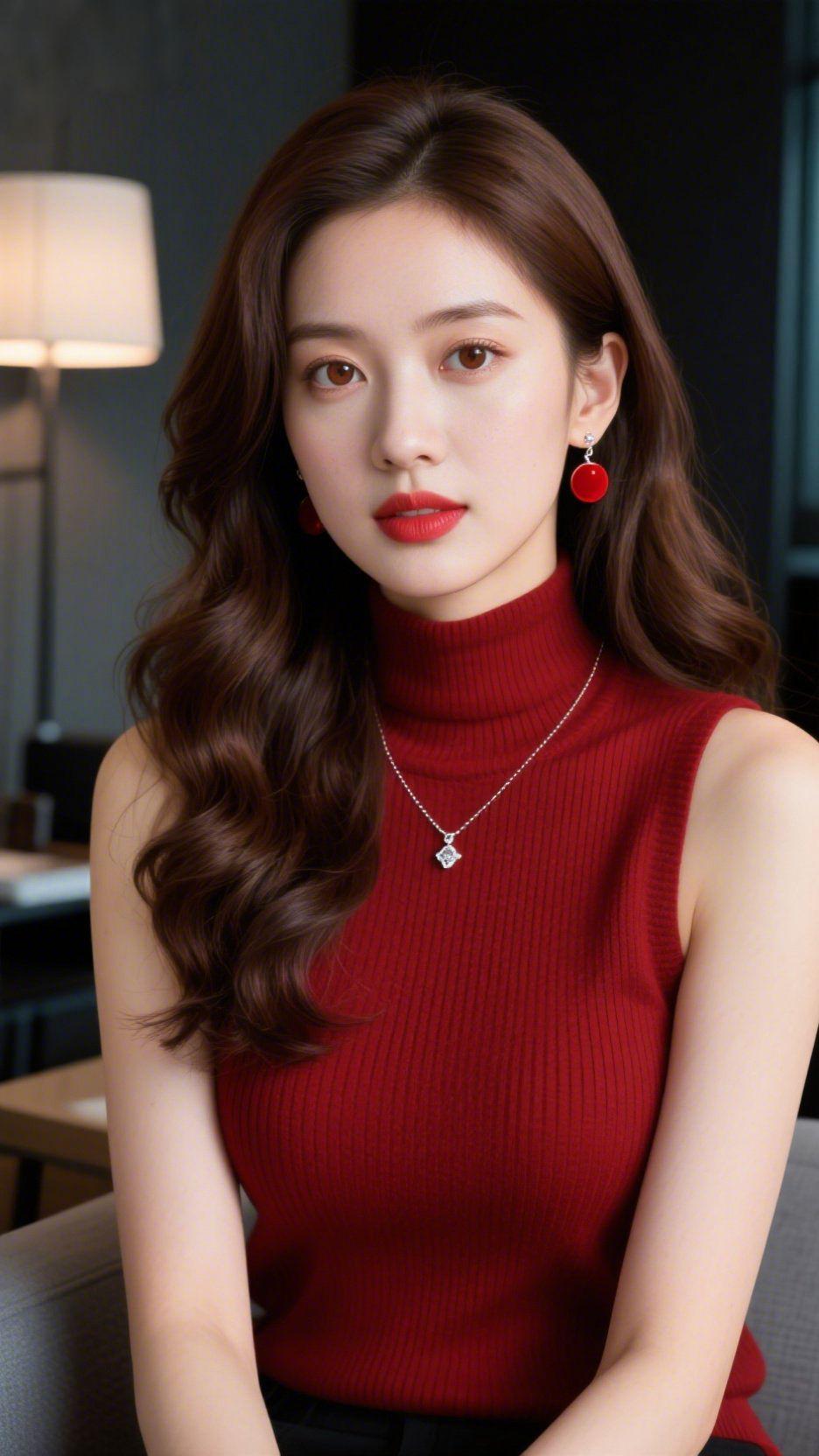 红韵入心间一袭酒红无袖高领衫，揉碎了冬日的清寒，也晕开了岁月的温柔。发丝如