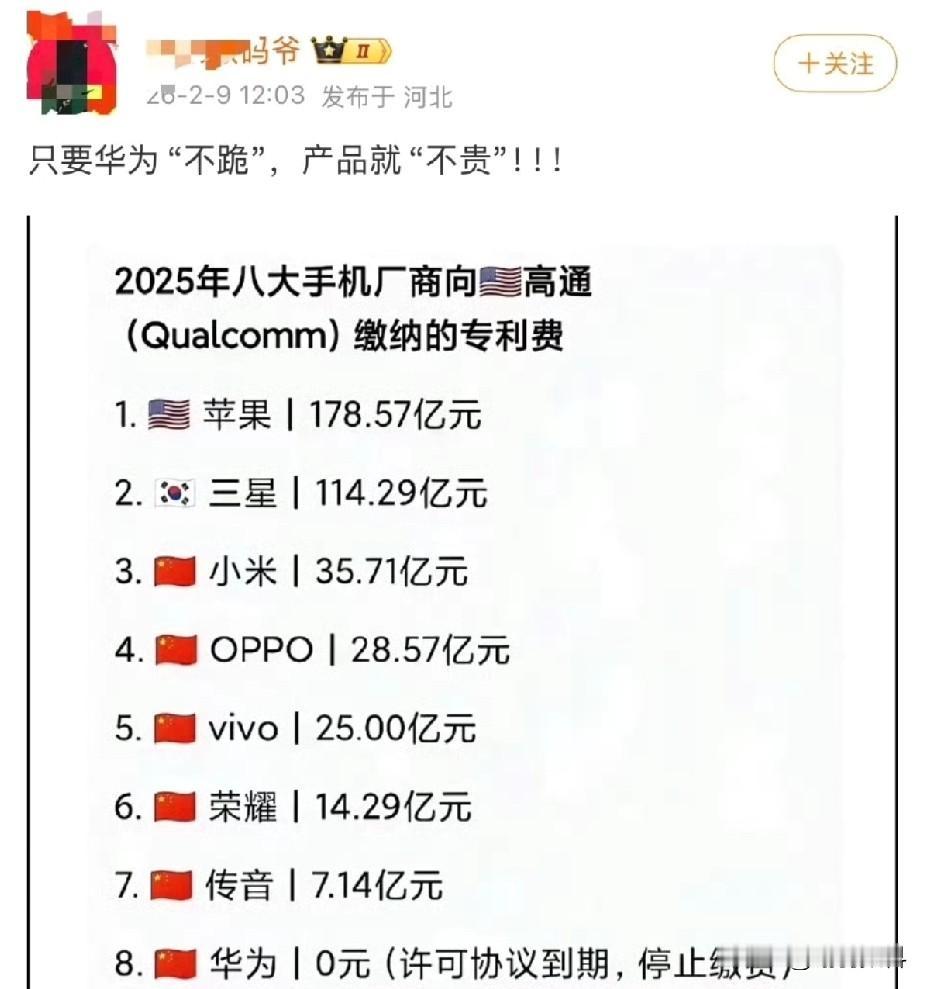 国内厂商中，唯有华为不向高通缴纳专利费，这一说法源于某位大V披露的数据。尽管这些