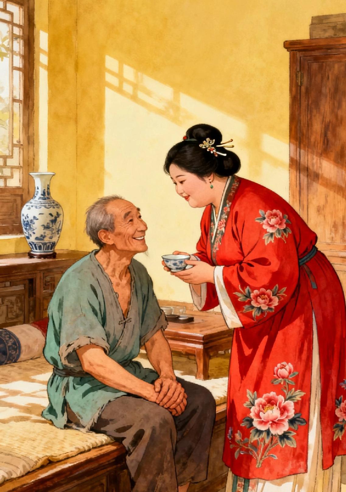 王大柱往炕沿上一坐，木炕沿“吱呀”响了声，他搓着手朝里屋喊：“孩儿他娘，夜深了，