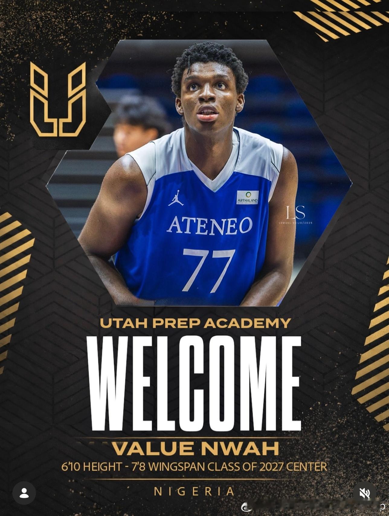 2027届尼日利亚中锋ValueNwah加入犹他预科，身高208公分，臂展23