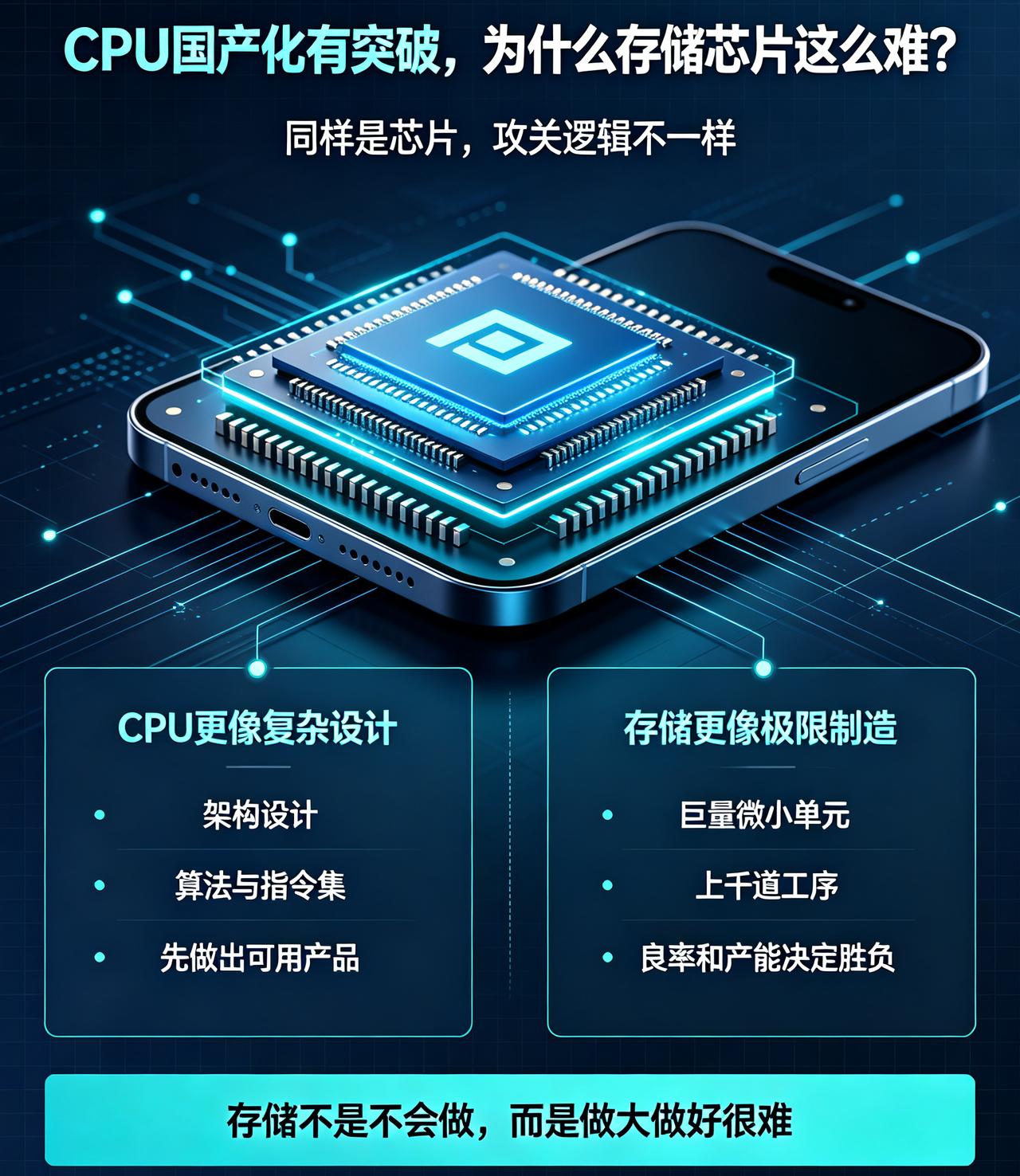很多人都有一个疑问：手机CPU慢慢能国产了，为什么存储芯片却迟迟没有完全突破？同