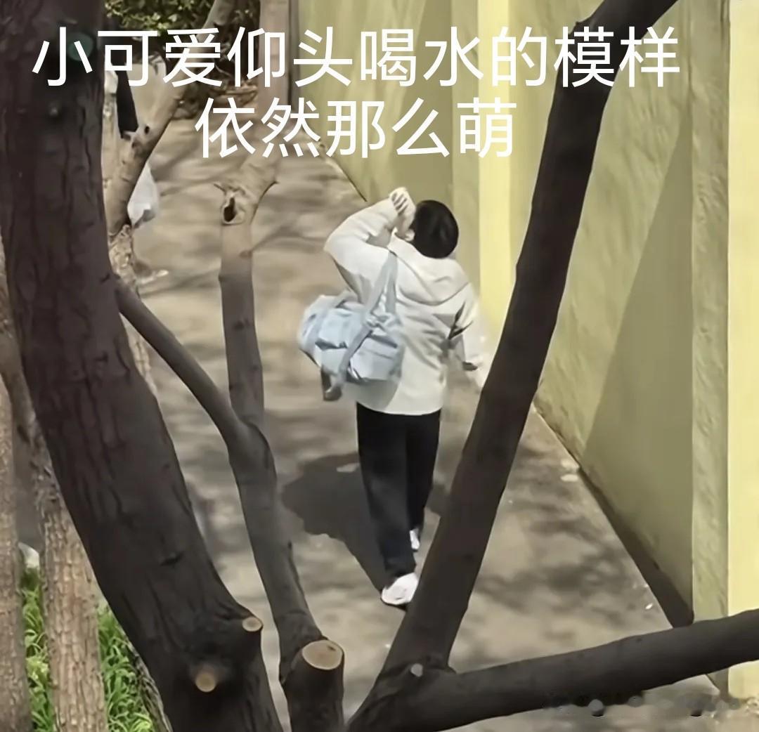 莎莎下训了，看到她一个人背着小白包，走着走着拿出水瓶，抬头仰着脖子猛喝水。虽