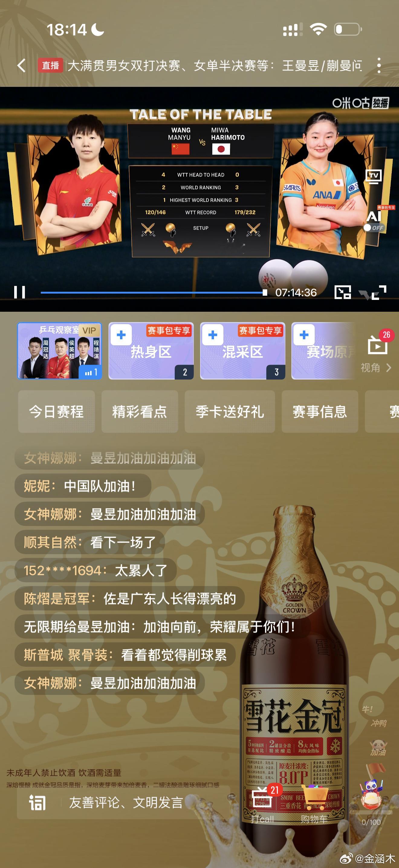#wtt#17:45T1王曼昱🇨🇳VS张本美和王曼昱+5加张本美和-8减王曼昱4:04:2亚运王