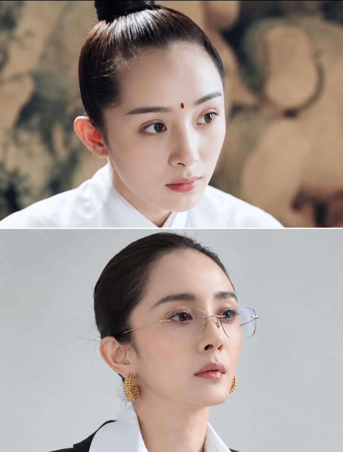 杨幂的发际线原来这么高啊，露着大额头。