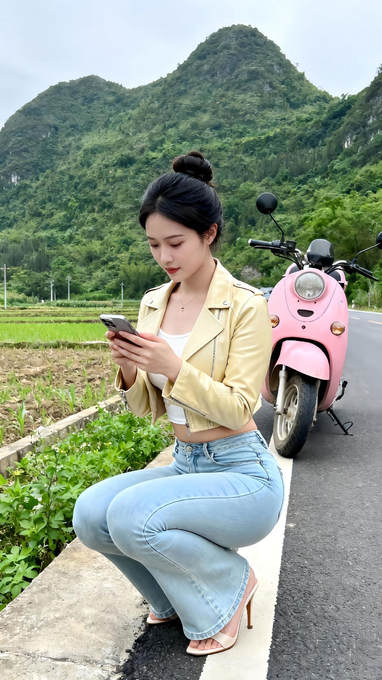 第18集穿搭分享短款鹅黄色皮夹克+白色露脐吊带+浅蓝微喇叭牛仔裤+裸色高跟凉鞋