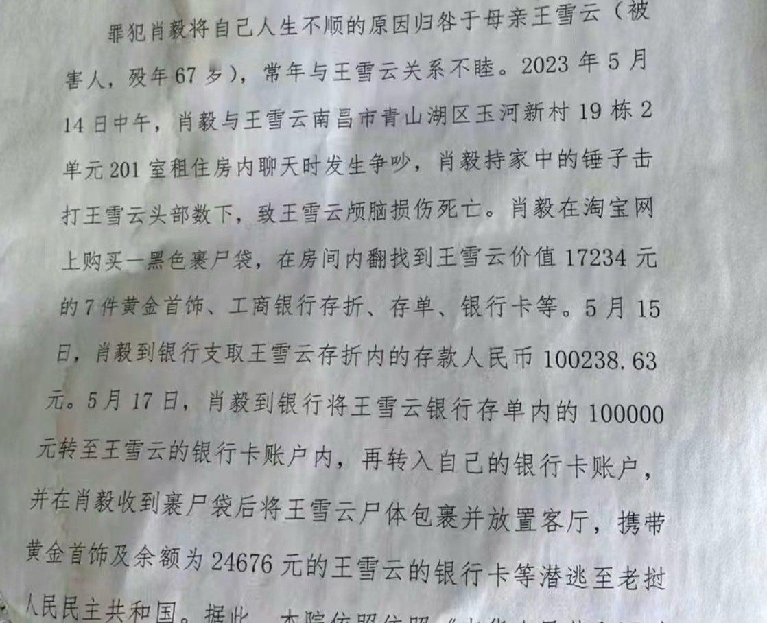 南昌某小区的出租屋里,38岁的肖某攥着锤子,对着67岁母亲的头部一下又一下砸下去