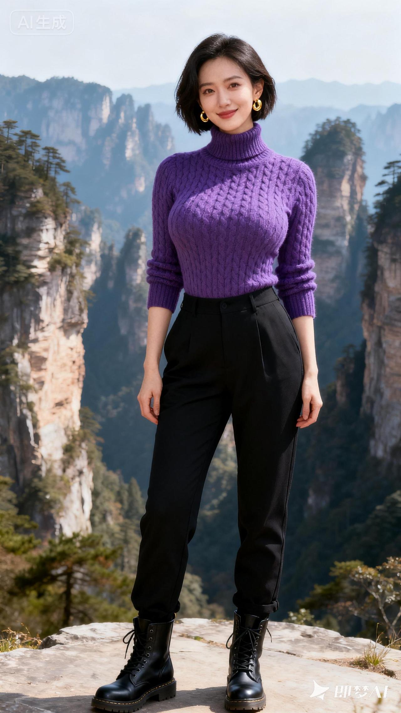 紫色毛衣搭配黑色高腰裤，帅气又时髦，完美展现秋日时尚！🍂👗👠