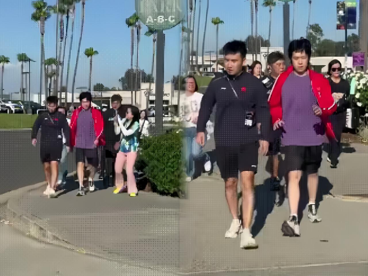 头哥跟队友们刚出现在洛杉矶街头，好家伙，一堆粉丝直接围上去怼脸拍。人挤人的
