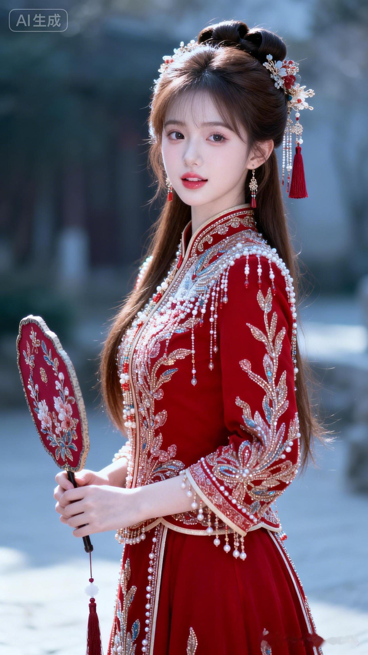 18岁绝美女网红，容颜绝美，冷白皮，纯欲风，精致盘发，秀禾服经典发饰，配饰，精致