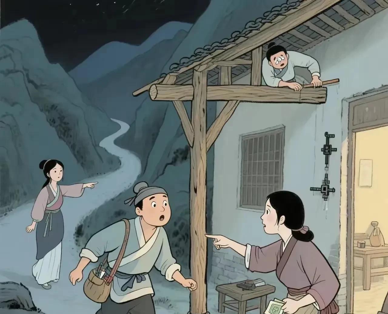 古时，一木匠半夜回家，山路上被一美貌寡妇拦住。寡妇说她家屋梁朽烂，请他前去换梁。