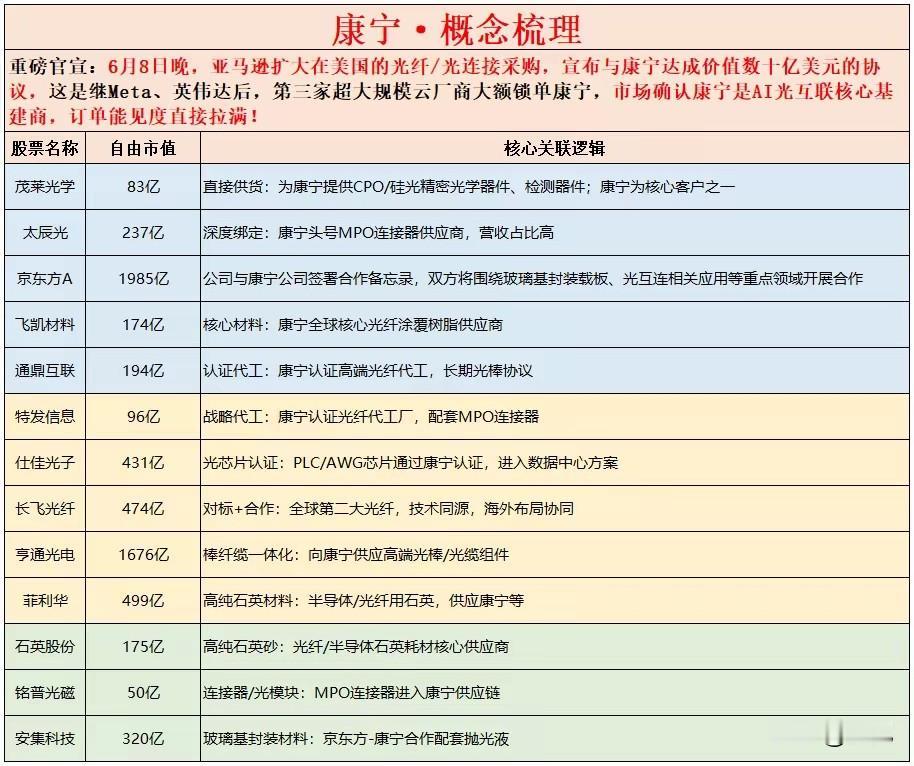 亚马逊百亿大单锁定康宁！AI光互联全产业链18家受益标的梳理！6月8日亚马