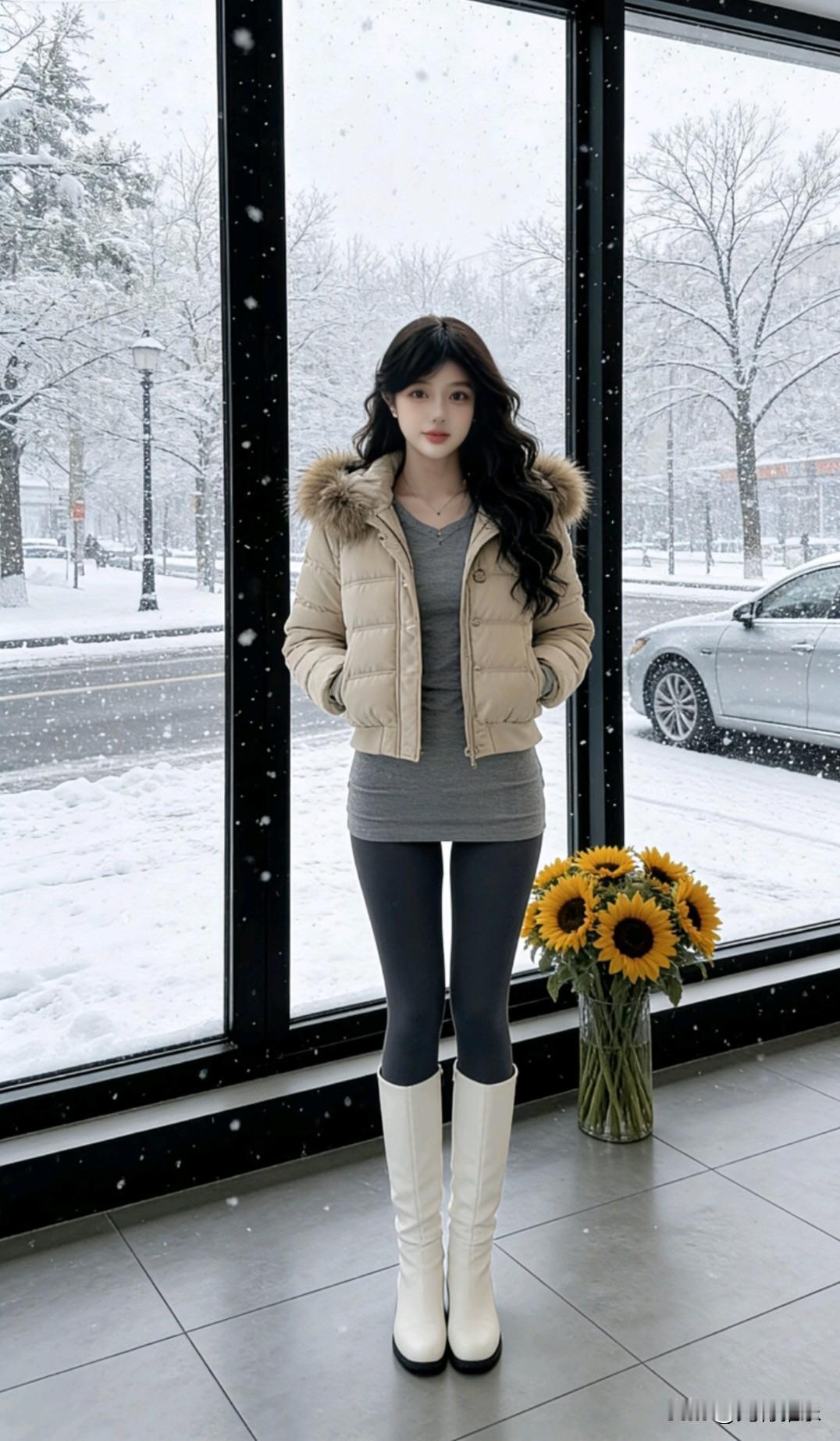 雪中美人立，花间意自闲。