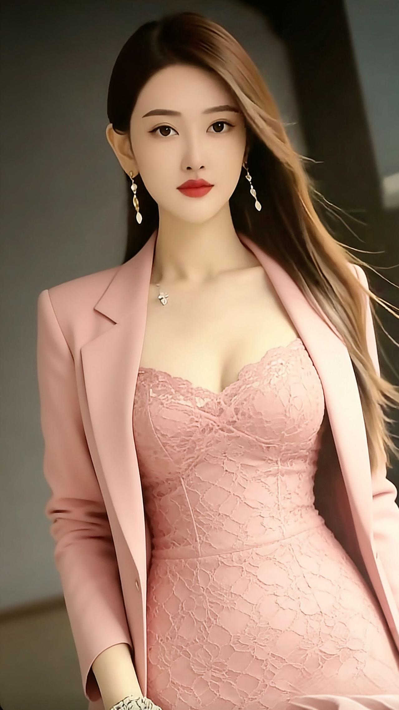 粉韵轻装，柔中带舒淡粉如揉开的春雾，落在这身搭配里——蕾丝裙裹着温婉，西装