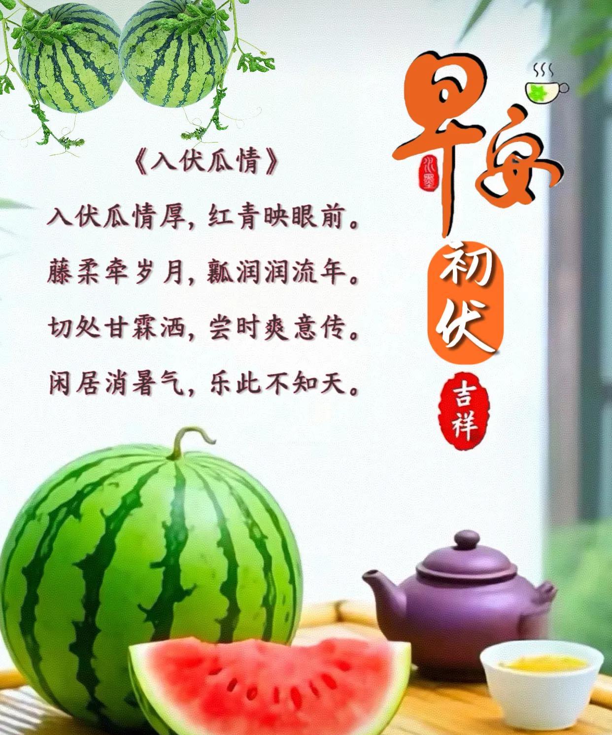 朋友：早安！初伏吉祥！《入伏瓜情》入伏瓜情厚，红青映眼前。藤柔牵岁月，瓤润