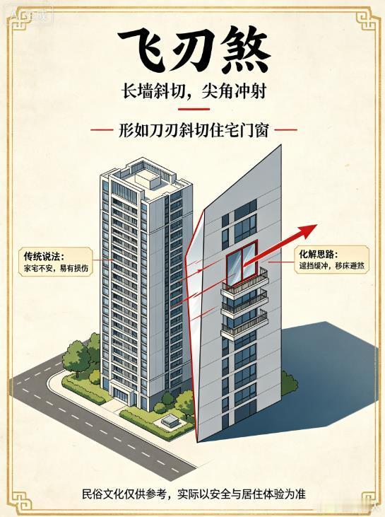 住宅风水知识飞刃煞玄灵道人八字命理宅之门窗，对其它房屋之墙角，即为飞刃煞，