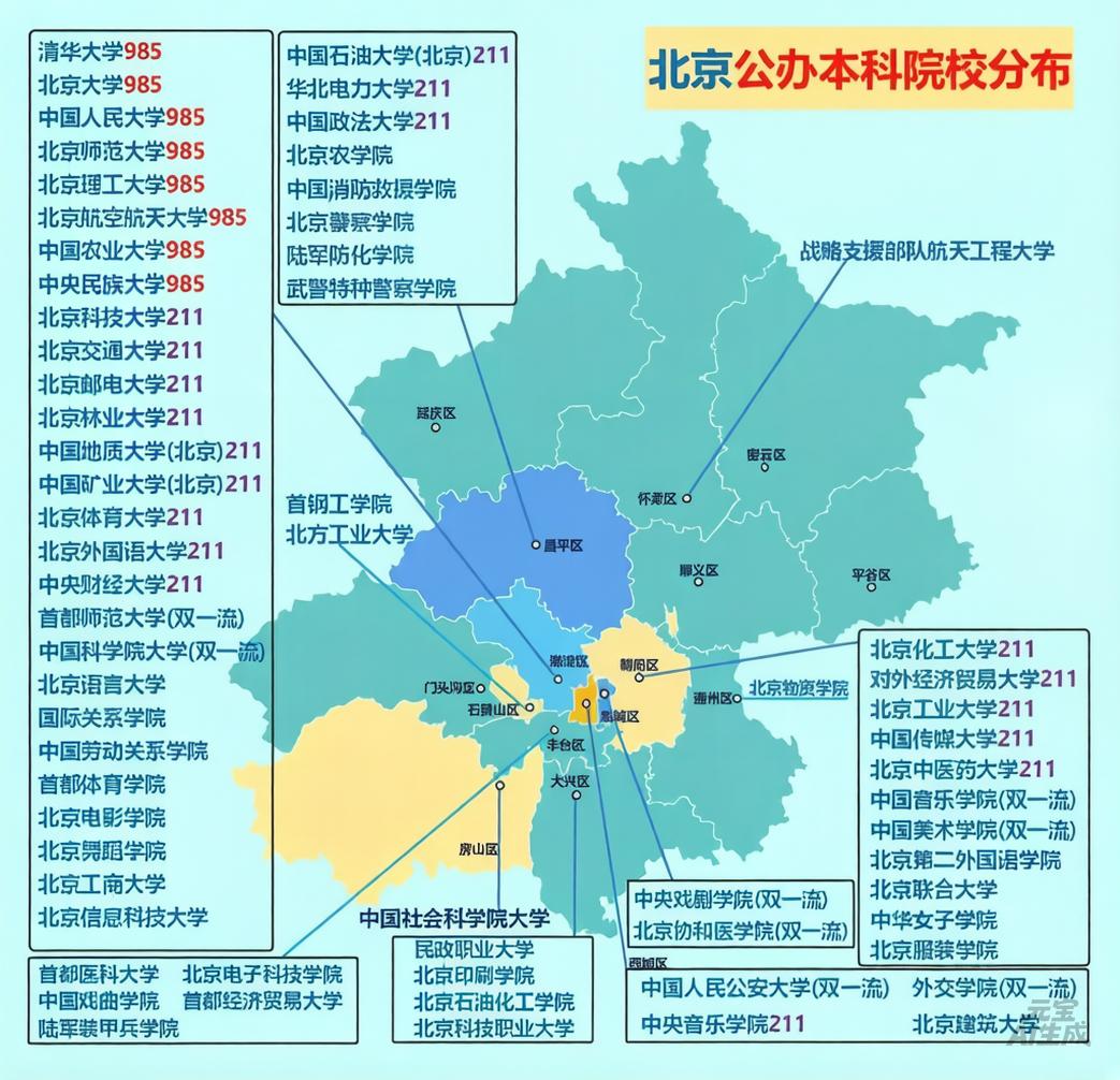 北京66所公办本科院校位置分布图