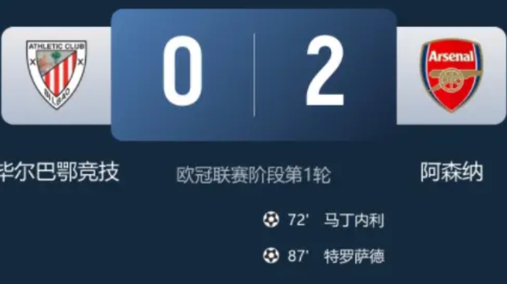塔帅神换人！阿森纳2-0毕尔巴鄂，马丁内利、特罗萨德替补相互传射。什么叫神换人，