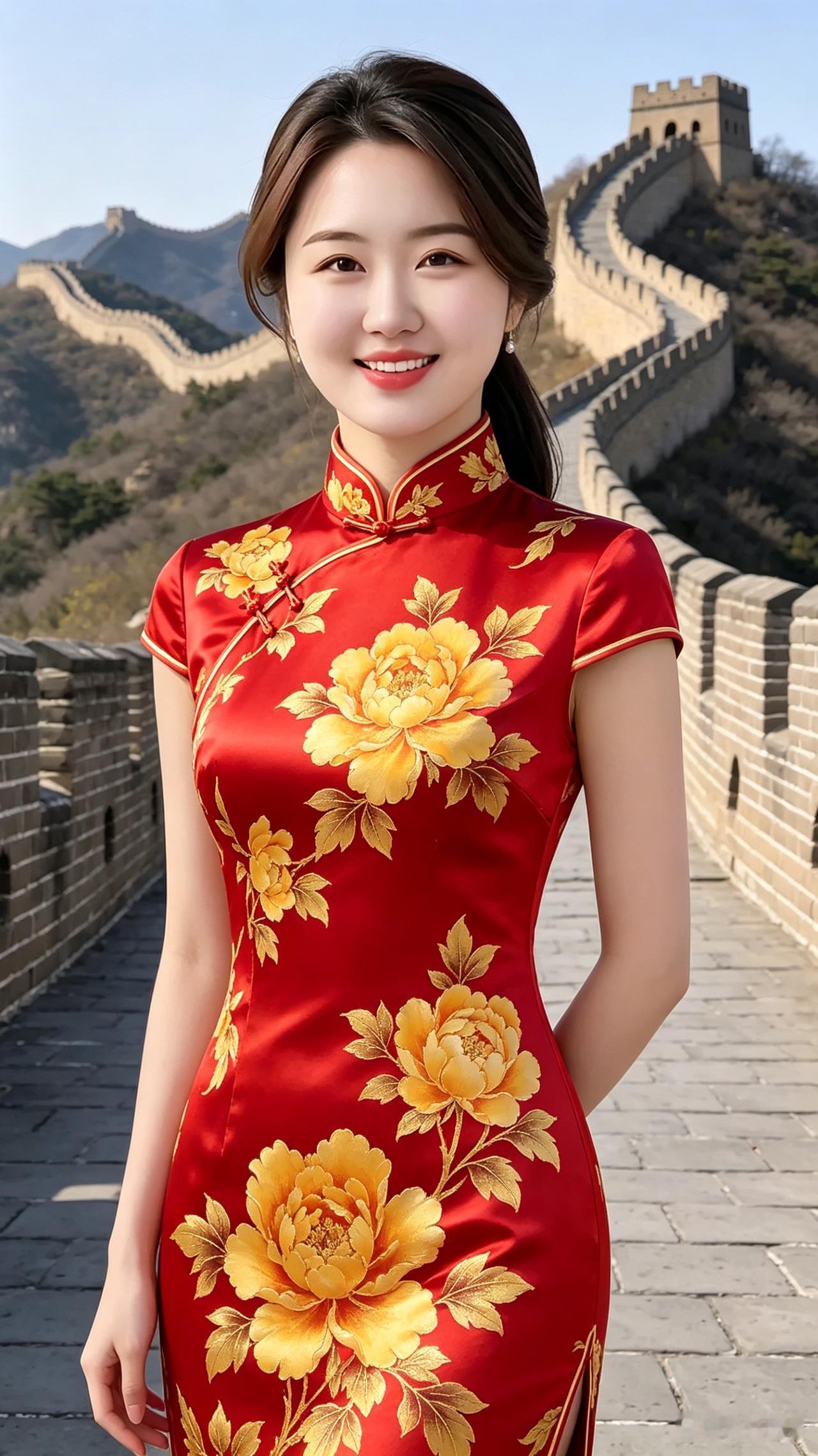 长城旗袍佳人红旗锦袍绣牡丹，伫立长城展欢颜。眉弯目俏惹人怜，气质温婉且端