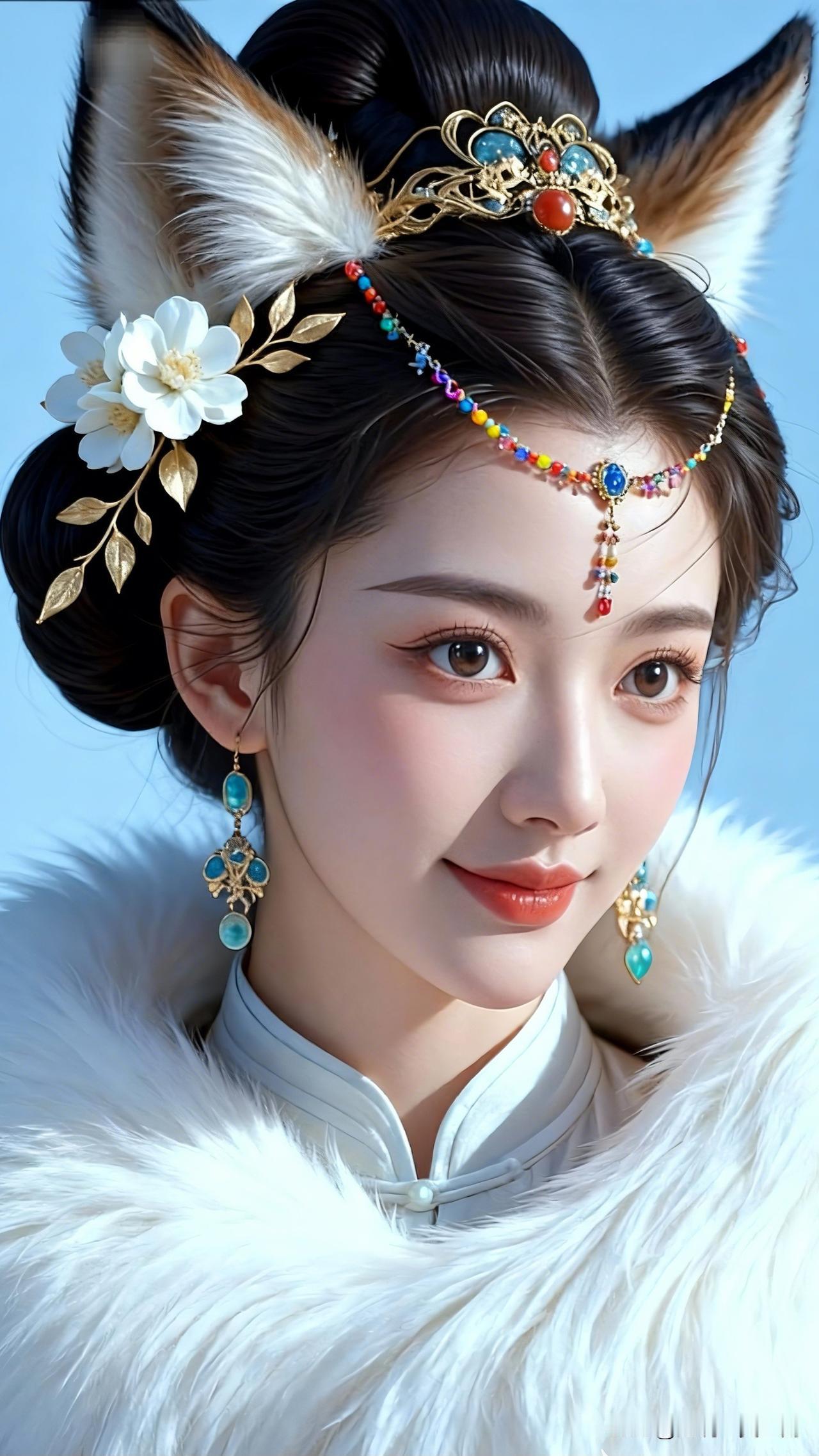 玉簪花钿映，仙姿入画来。你心目中的美人梦幻古风美人，头戴狐耳发饰，耳坠晶莹剔透