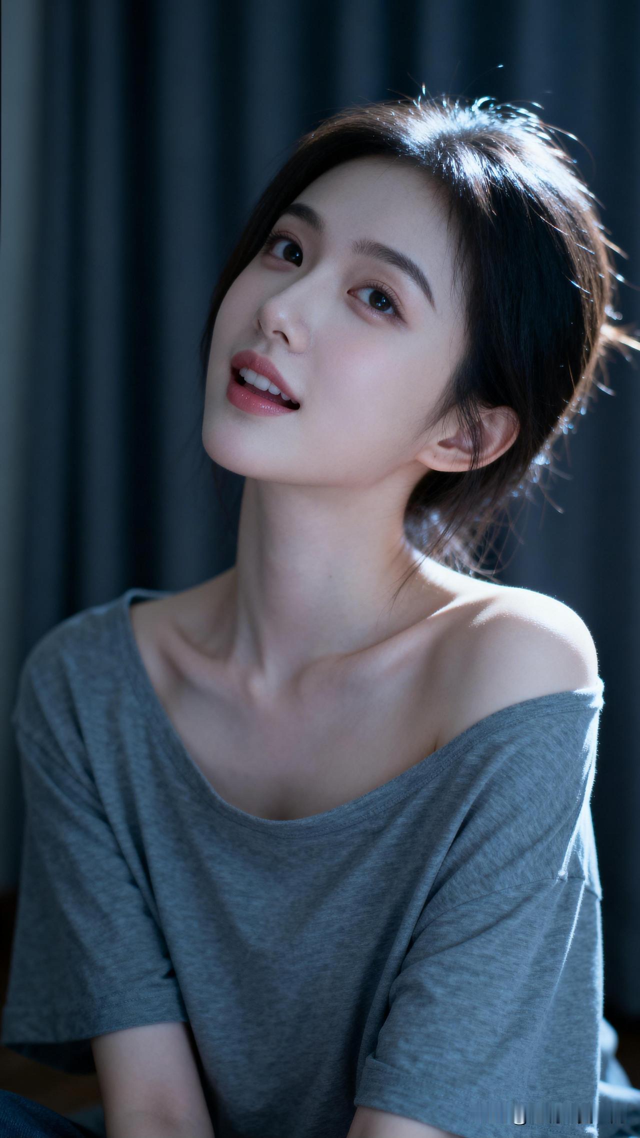 温柔微笑，岁月静好。什么样的女人最令人着迷温柔甜美的少女，浅灰色上衣，自然光下