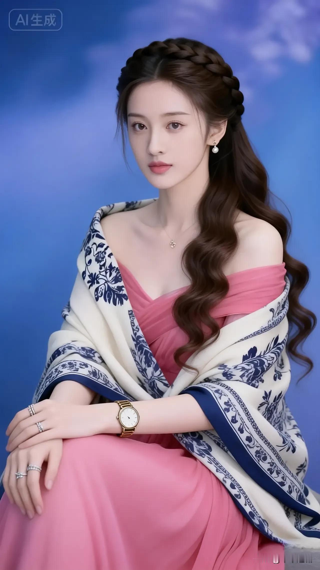 粉裙裹着柔纱的甜，青花披肩缀出雅致的韵。发间编辫轻垂，腕间金表与细钻相衬，温柔里